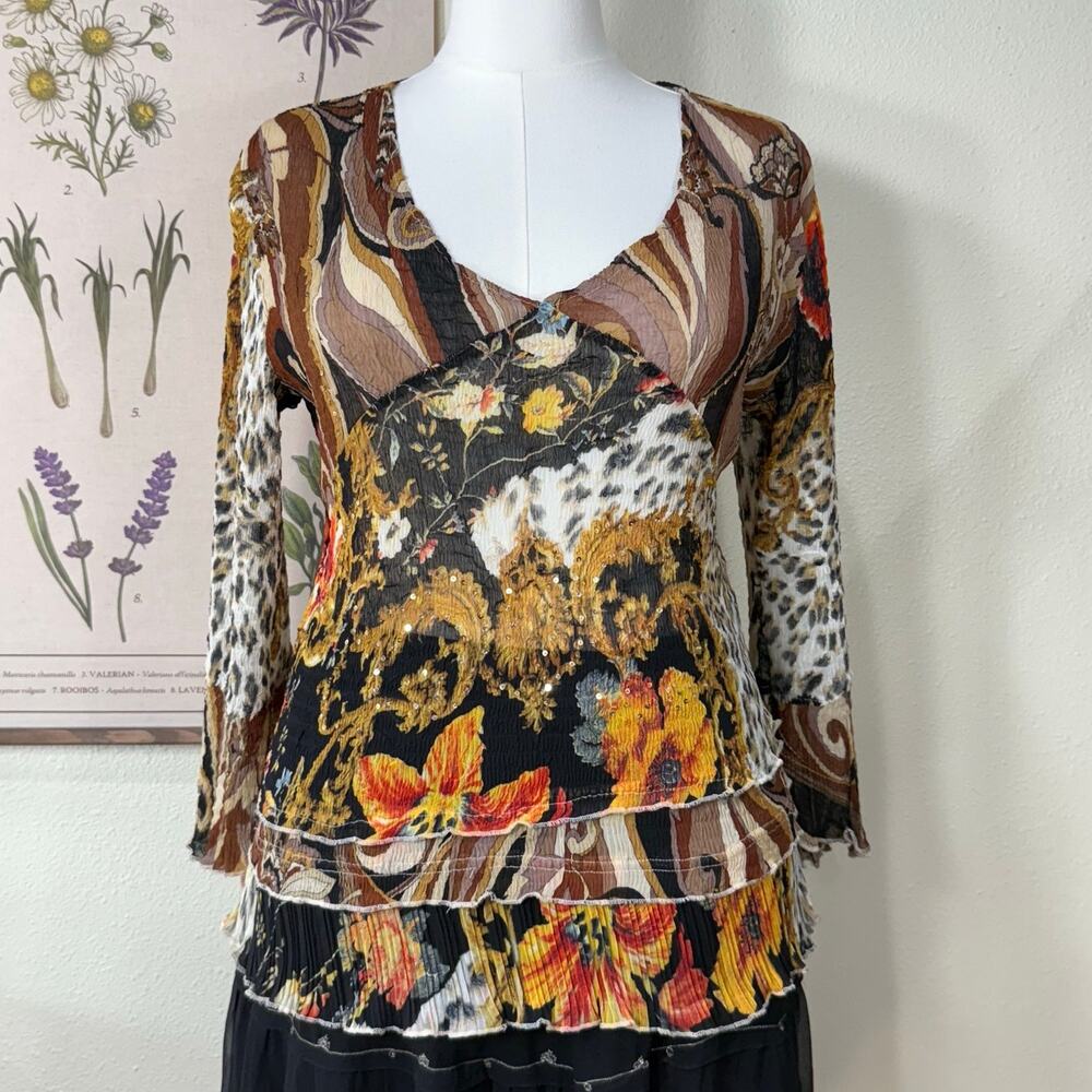 Vtg Y2k Floral Leopard Sequin Top Boho Fairy Grunge Whimsy Whimsigoth Witchy L